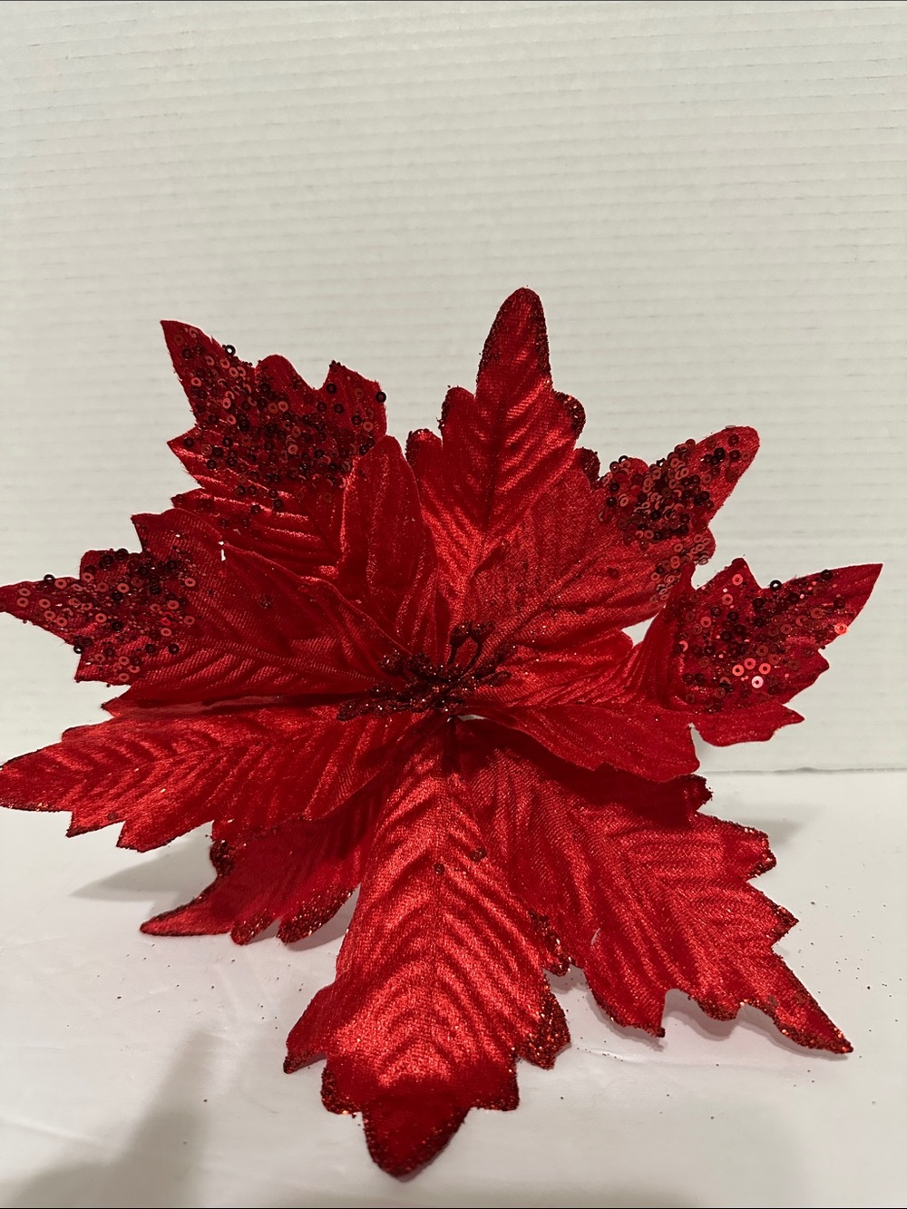 6 Red Velvet Poinsettia With Sequins Floral Picks for Holiday Decor